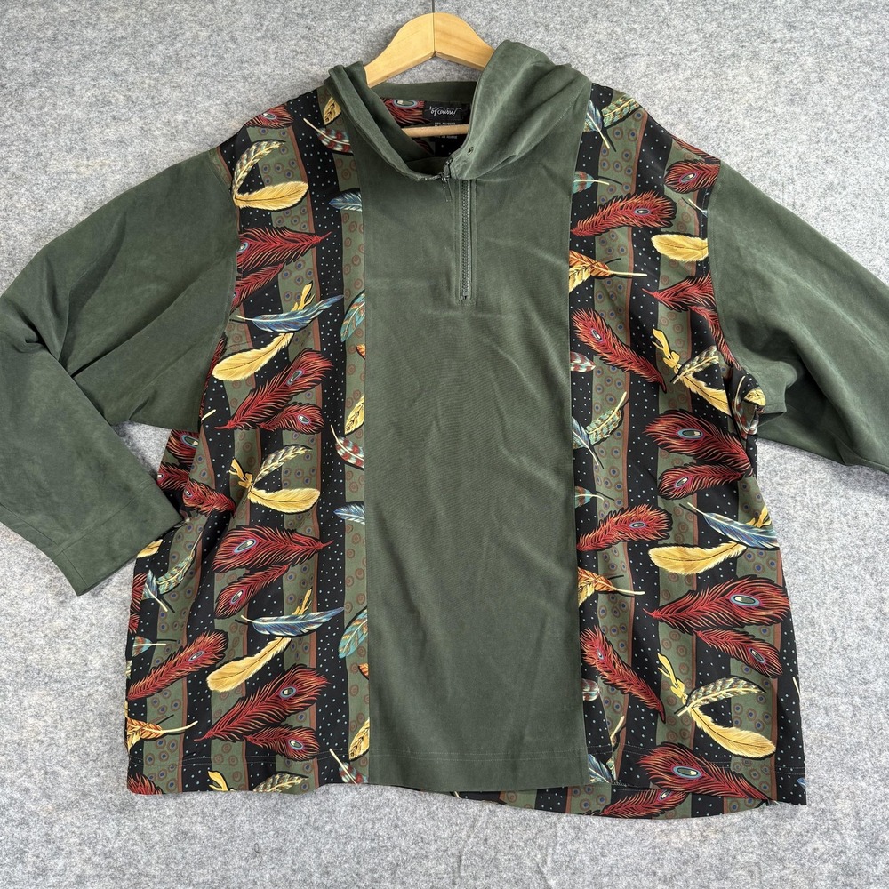 Koos Of Course Pullover Top Womens 3X Green‎ Feathers 1/4 Zip Boho Artsy Y2K
